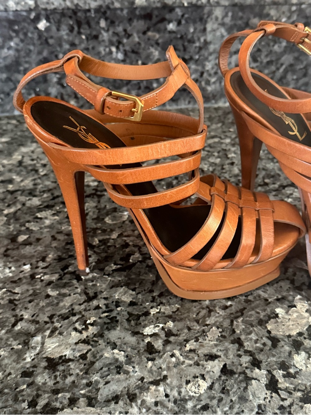 Saint Laurent Cognac Leather Strappy Platform Heels - Picture 3 of 7